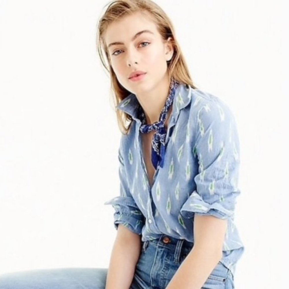 J Crew Perfect Button Down Ikat Chambray Shirt Top